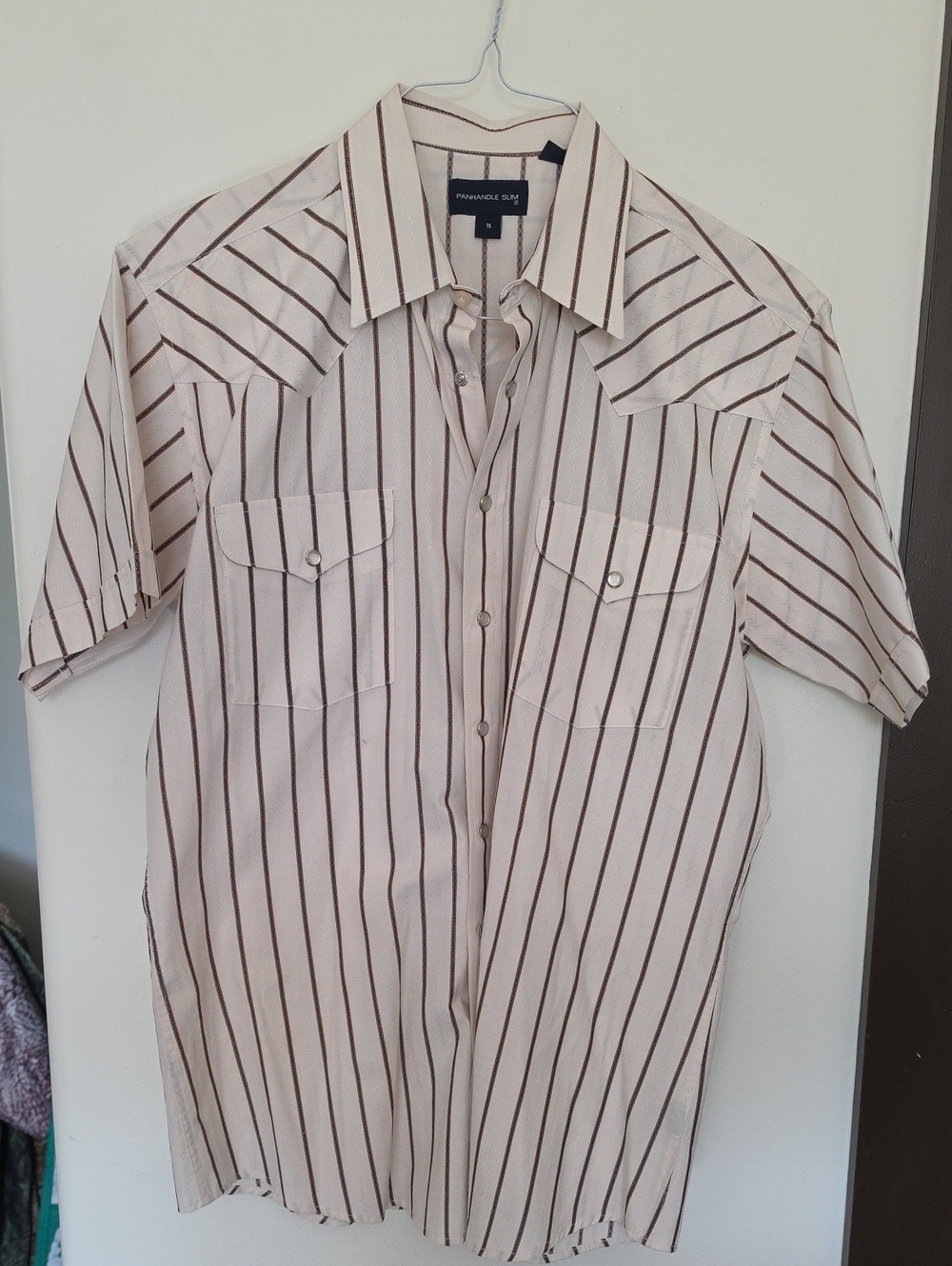 Panhandle Slim Cream Short-Sleeve Button-Down Shirt with Brown Stripes- Large